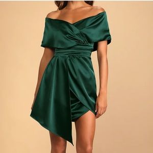 Lulu’s Always Celebrating Off the Shoulder Satin Mini Dress